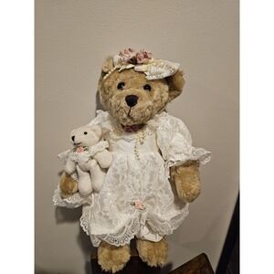 Victorian Collectible RARE Bridal Teddy Bear Stand Display Lace Dress Vintage